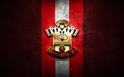 Southampton FC, golden logotyp, Premier League, red metal bakgrund, fotboll, engelska football club, Southampton logotyp, England