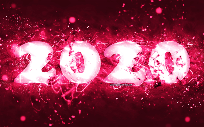 2020 mutlu yıllar, 4k, 2020 neon sanat, yaratıcı, 2020 yılına basamak neon ışıkları, soyut sanat, 2020 kavramlar, 2020 pembe neon rakam, 2020 pembe arka plan &#252;zerinde pembe