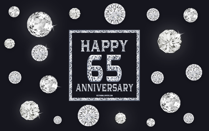 65 &#176; Anniversario, diamanti, sfondo grigio, Anniversario di sfondo con gemme, 65 Anni, Anniversario, Felice 65 &#176; Anniversario, arte creativa, Felice Anniversario di sfondo