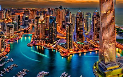 Dubai, modern buildings, UAE, skyscrapers, cityscapes, United Arab Emirates, Dubai at evening, HDR
