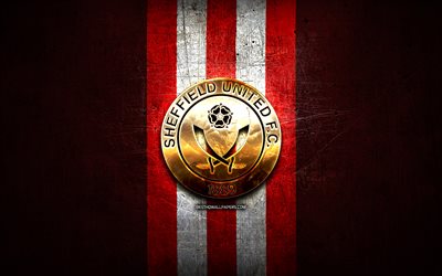 Sheffield United FC, golden logo, Premier League, red metal background, football, FC Sheffield United, english football club, Sheffield United logo, soccer, England