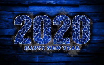 2020 bleu fiery chiffres, 4k, bonne et Heureuse Ann&#233;e 2020, bleu, en bois, fond, horizon 2020 le feu de l&#39;art, 2020 concepts, 2020 chiffres des ann&#233;es, &#224; 2020 sur fond bleu, le Nouvel An 2020