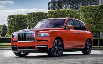 Rolls-Royce Cullinan, 2019, exterior, luxury SUV, Cullinan Fux Orange, British cars, Rolls-Royce