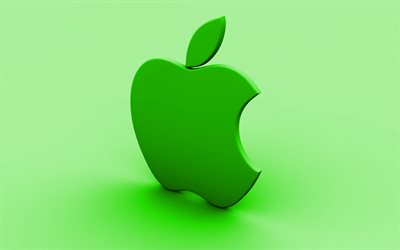 Apple gr&#246;n logotyp, gr&#246;n bakgrund, kreativa, Apple, minimal, Apples logotyp, konstverk, Apple 3D-logotyp