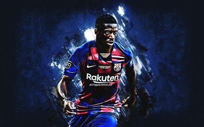 Ousmane Dembele, portrait, FC Barcelona, french soccer player, striker, blue stone background, La Liga, Spain, football