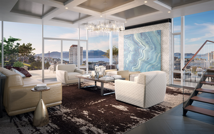 estilo loft na sala de estar, moderno design interior elegante, sala de estar, sof&#225; de couro bege, rodada elegante lustre