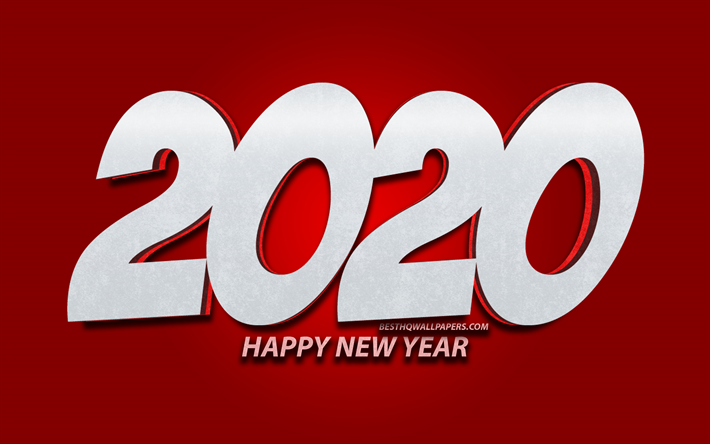 4k, 2020 red 3D digits, cartoon art, Happy New Year 2020, red background, 2020 neon art, 2020 concepts, 2020 on red background, 2020 year digits, New Year 2020