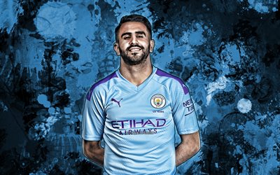 Riyad Mahrez, blue paint splashes, Algerian footballers, Manchester City FC, grunge art, season 2019-2020, Riyad Karim Mahrez, soccer, Premier League, football, Man City