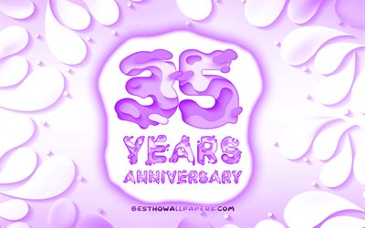 創立35周年記念, 4k, 3D花びらのフレーム, 周年記念の概念, 紫色の背景, 3D文字, 創立35周年記念サイン, 作品, 35周年記念