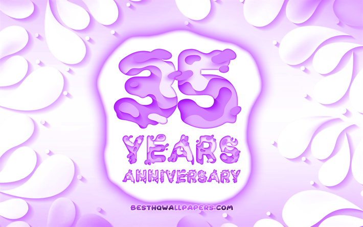 35th anniversary, 4k, 3D petals frame, anniversary concepts, violet background, 3D letters, 35th anniversary sign, artwork, 35 Years Anniversary