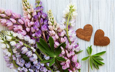 purple lupins, purple flowers, wooden hearts, bouquet of lupins, bouquet of purple flowers