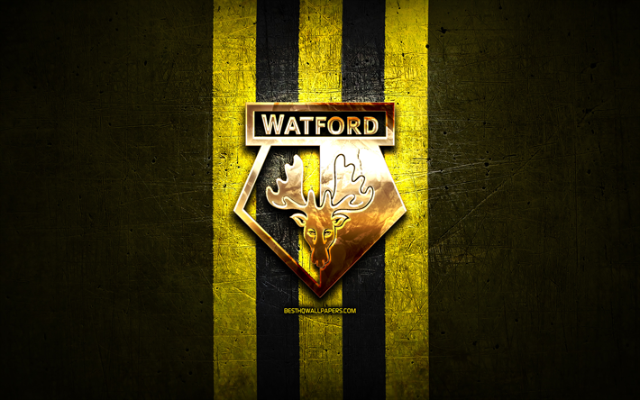 Watford FC, logo dorato, Premier League, giallo, metallo, sfondo, calcio, FC Watford, club di calcio inglese, Watford, logo, Inghilterra