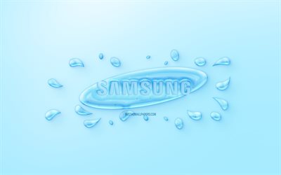 Samsung logo, water logo, emblem, blue background, Samsung logo made of water, creative art, water concepts, Samsung