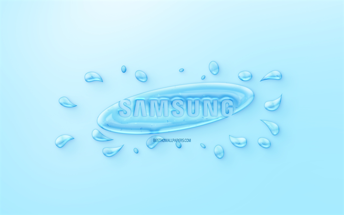 Samsung-logo, vesi logo, tunnus, sininen tausta, Samsung-logo on valmistettu vett&#228;, creative art, vett&#228; k&#228;sitteit&#228;, Samsung