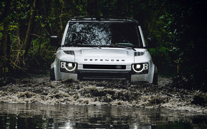 110 Land Rover Defender, 4k, offroad, 2020 otomobil, SUV, nehir, 2020 Land Rover Defender, Land Rover