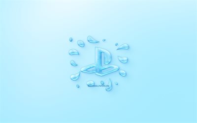 PlayStation logo, acqua logo, stemma, sfondo blu, PlayStation logo di acqua, arte creativa, acqua concetti, PlayStation