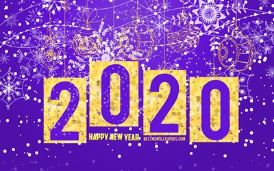 2020 lila hintergrund, gl&#252;ckliches neues jahr 2020, lila 2020 weihnachten hintergrund, 2020-konzepte, neue jahr 2020 hintergrund mit goldenen kugeln, 2020, weihnachten