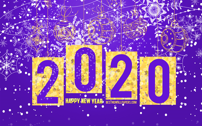 2020 purple background, Happy New Year 2020, Purple 2020 Christmas background, 2020 concepts, New Year 2020, Background with golden christmas balls, 2020, Christmas