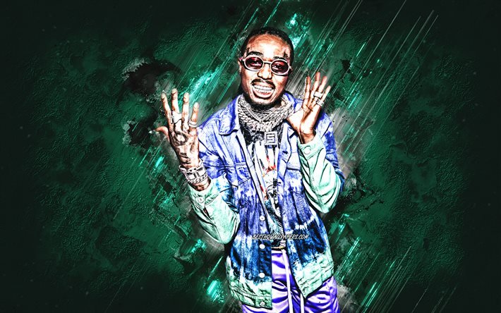 Quavo, american rapper, portrait, green stone background, Quavious Keyate Marshall