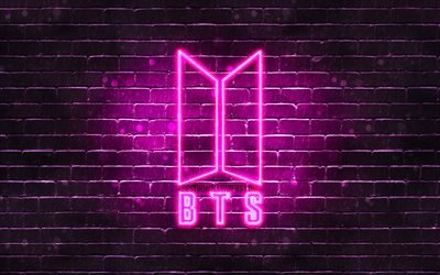BTS mor logo, 4k, Bangtan Boys, mor brickwall, BTS logosu, kore bandı, BTS neon logosu, BTS