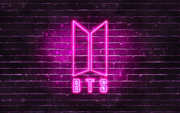 BTS logo violet, 4k, Bangtan Boys, brickwall violet, logo BTS, bande cor&#233;enne, logo au n&#233;on BTS, BTS