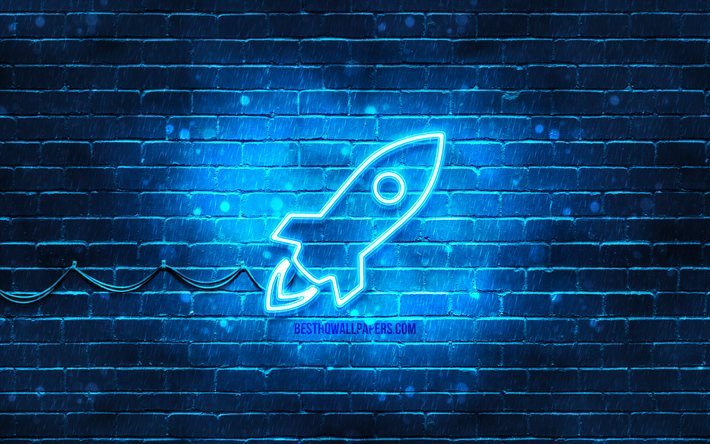 Rocket neon icon, 4k, blue background, Start-Up concepts, neon symbols, Rocket, creative, neon icons, Rocket sign, business signs, Rocket icon, business icons, Start-Up