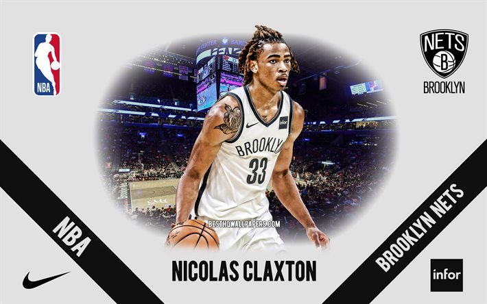 Nicolas Claxton, Brooklyn Nets, American Basketball Player, NBA, portrait, USA, basketball, Barclays Center, Brooklyn Nets logo