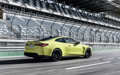 2021, BMW M4 Competition, G82, rear view, exterior, yellow sports coupe, new yellow M4, yellow G82, German cars, BMW