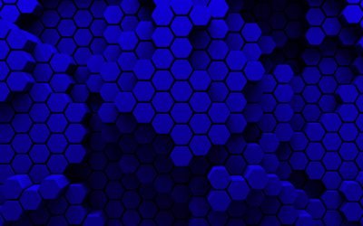 dark blue hexagons, 4k, hexagons 3D texture, honeycomb, hexagons patterns, hexagons textures, 3D textures, dark blue backgrounds