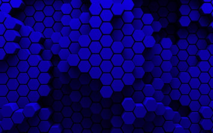 esagoni blu scuro, 4k, esagoni texture 3D, nido d&#39;ape, motivi esagoni, esagoni texture, texture 3D, sfondi blu scuro