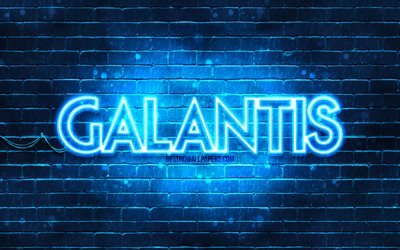 Galantis mavi logosu, 4k, superstars, İsve&#231; DJ&#39;leri, mavi brickwall, Galantis logosu, Christian Karlsson, Linus Eklow, Galantis, m&#252;zik yıldızları, Galantis neon logosu