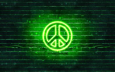 Barış yeşili işareti, 4k, yeşil tuğla duvar, Barış sembol&#252;, yaratıcı, Barış neon işareti, Barış işareti, Barış