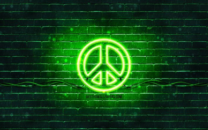 Signe de paix vert, 4k, brickwall vert, symbole de paix, cr&#233;atif, signe de paix au n&#233;on, signe de paix, paix