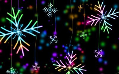 neon snowflakes, 4k, black background, snowflakes patterns, abstract art, snowflakes