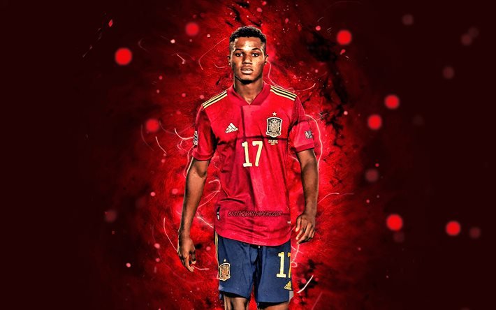 Ansu Fati, 4k, 2020, Nazionale spagnola, calcio, calciatori, Anssumane Fati Vieira, luci al neon, squadra di calcio spagnola, Ansu Fati 4K
