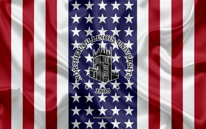 Northern Illinois University Emblem, American Flag, Northern Illinois University logo, DeKalb, Illinois, USA, Northern Illinois University