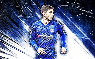 4k, Christian Pulisic, blue abstract rays, Chelsea FC, american footballers, soccer, England, Christian Mate Pulisic, Premier League, grunge art, Christian Pulisic 4K, Christian Pulisic Chelsea