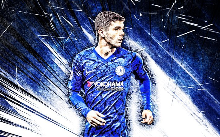 Download wallpapers 4k, Christian Pulisic, blue abstract rays, Chelsea