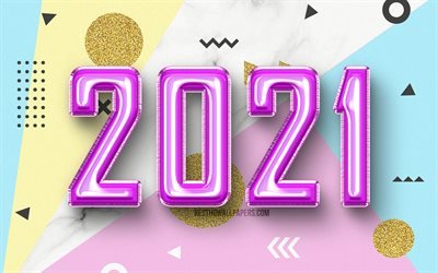 Felice anno nuovo 2021, cifre palloncini puprle, 4k, cifre puprle 2021, concetti 2021, 2021 anno nuovo, 2021 su sfondo colorato, cifre anno 2021