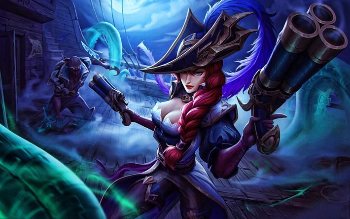 Miss Fortune, Pyke, 4k, batalha, MOBA, League of Legends, arte, Miss Fortune League of Legends, Pyke League of Legends