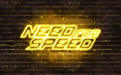 Need for Speed keltainen logo, 4k, keltainen tiilisein&#228;, NFS, 2020 pelej&#228;, Need for Speed -logo, NFS neonlogo, Need for Speed