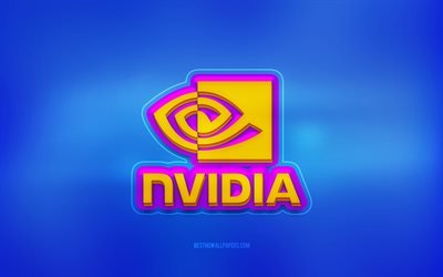 nvidia3dロゴ, 青い背景, NVidia, 色とりどりのロゴ, nvidiaロゴ, 3Dエンブレム