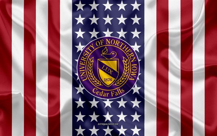 Emblema da University of Northern Iowa, bandeira americana, logotipo da University of Northern Iowa, Cedar Falls, Iowa, EUA, University of Northern Iowa