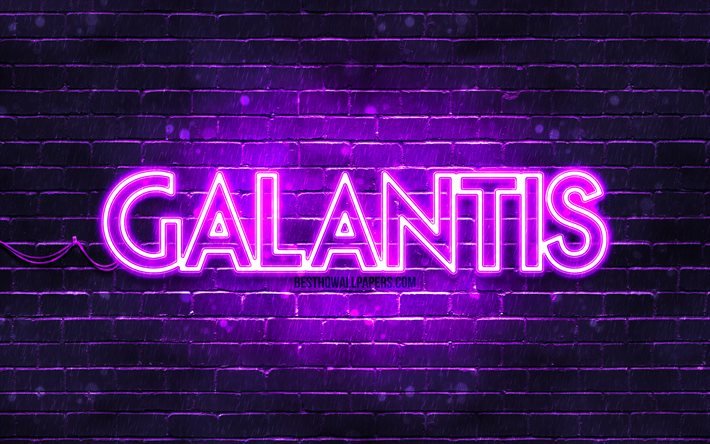 Galantis menekşe logosu, 4k, s&#252;per yıldızlar, İsve&#231;li DJ&#39;ler, mor brickwall, Galantis logosu, Christian Karlsson, Linus Eklow, Galantis, m&#252;zik yıldızları, Galantis neon logosu
