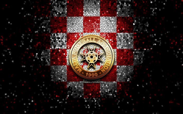 Squadra di calcio maltese, logo glitter, UEFA, Europa, sfondo a scacchi bianco rosso, arte del mosaico, calcio, squadra nazionale di calcio di Malta, logo MFA, Malta