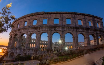 Arena di Pola, anfiteatro, Pola, sera, tramonto, edifici antichi, Colosseo croato, Croazia