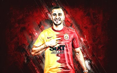 Omar Elabdellaoui, Galatasaray, Norwegian footballer, midfielder, portrait, red stone background