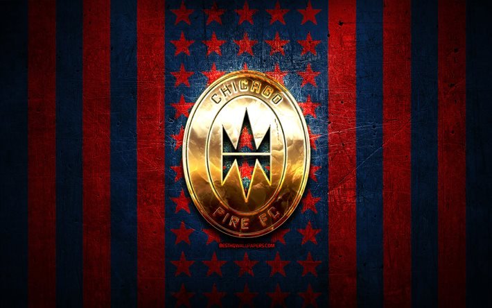 Chicago Fire flag, MLS, blue red metal background, american soccer club, Chicago Fire logo, USA, soccer, Chicago Fire FC, golden logo