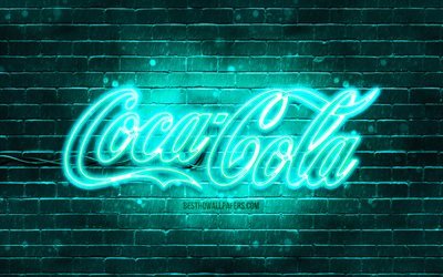 Logo Coca-Cola turquoise, 4k, brickwall turquoise, logo Coca-Cola, marques, logo Coca-Cola néon, Coca-Cola