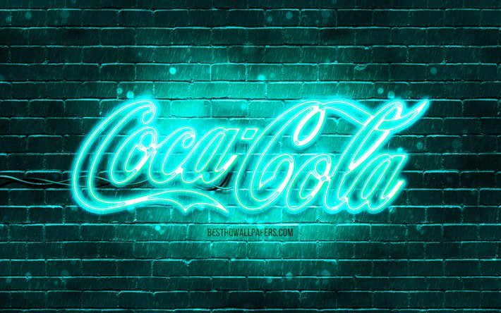 Coca-Cola turkuaz logosu, 4k, turkuaz tuğla duvar, Coca-Cola logosu, markalar, Coca-Cola neon logo, Coca-Cola